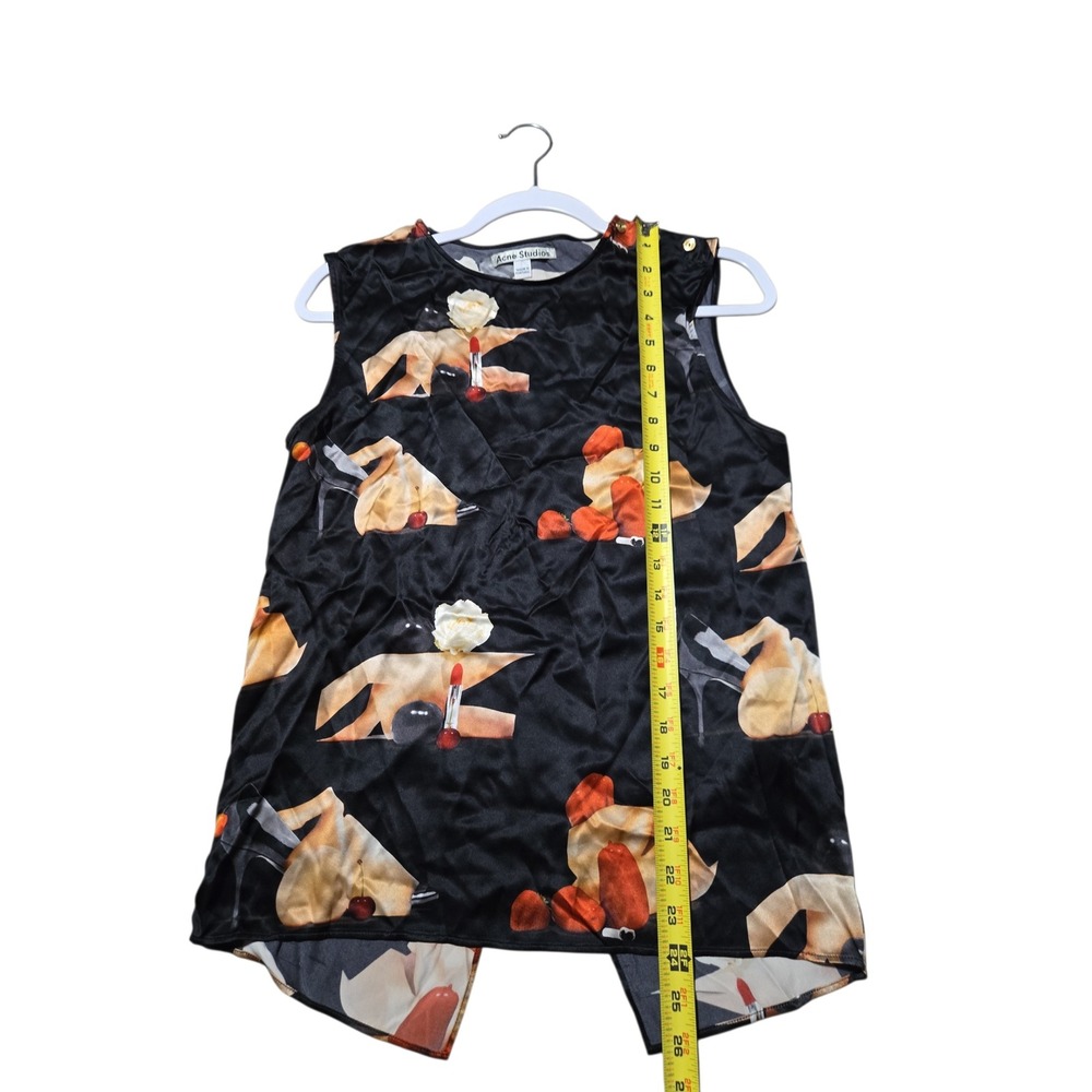 Acne Studios Clair‎ PR Satin Silk Graphic Print Split Back Top Black Size 36 - Picture 9 of 10